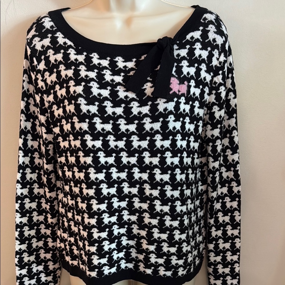 Pink Poodle 1950s Black White Bow-Trim Scoop Neck Sweater - Pink Accent